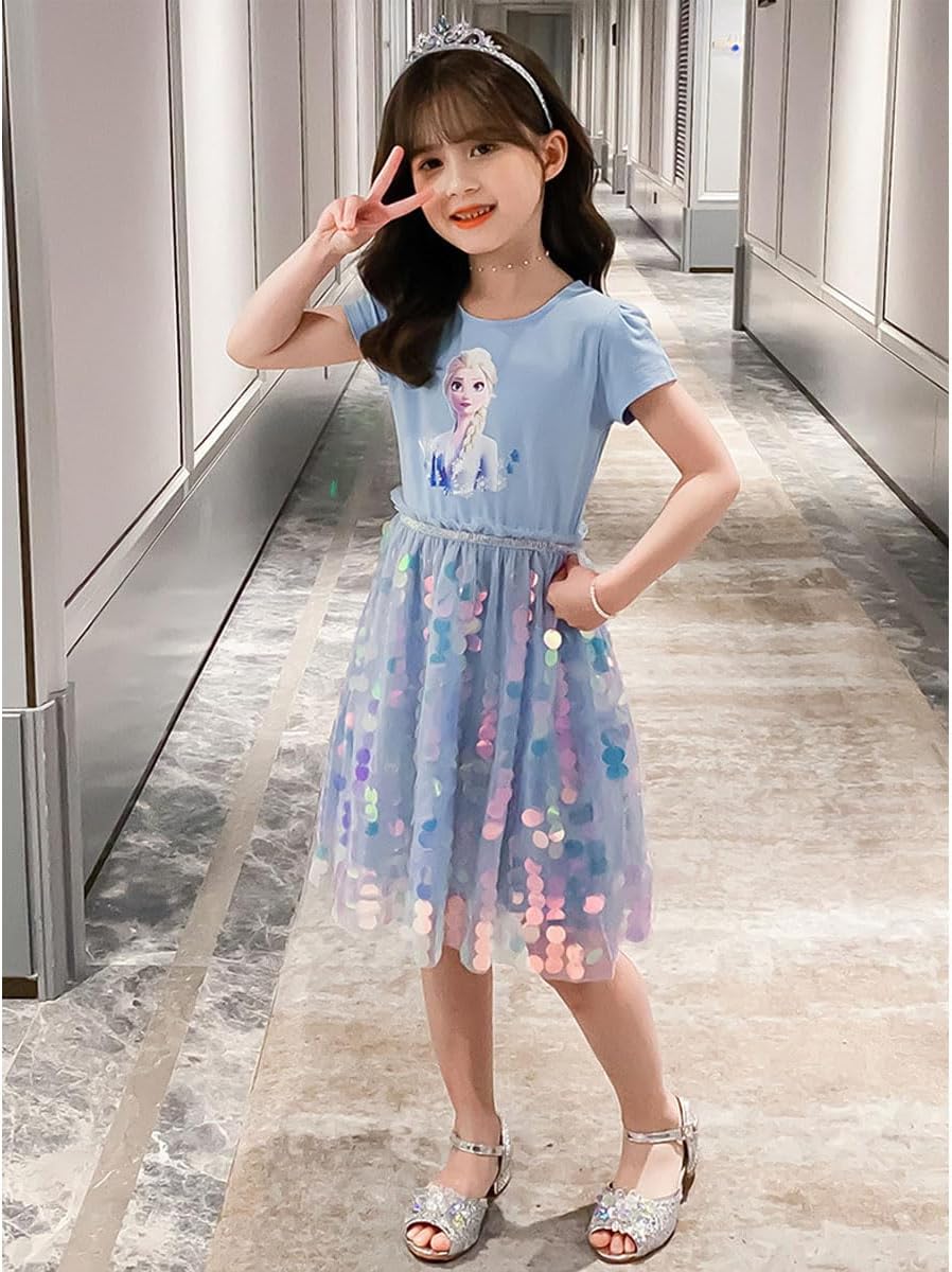 Renholin ELSA Dresses Shine Summer Dress Short Sleeve Frozen Ice Queen Princess ICE Princess Costume Girls Kids Party Skirt