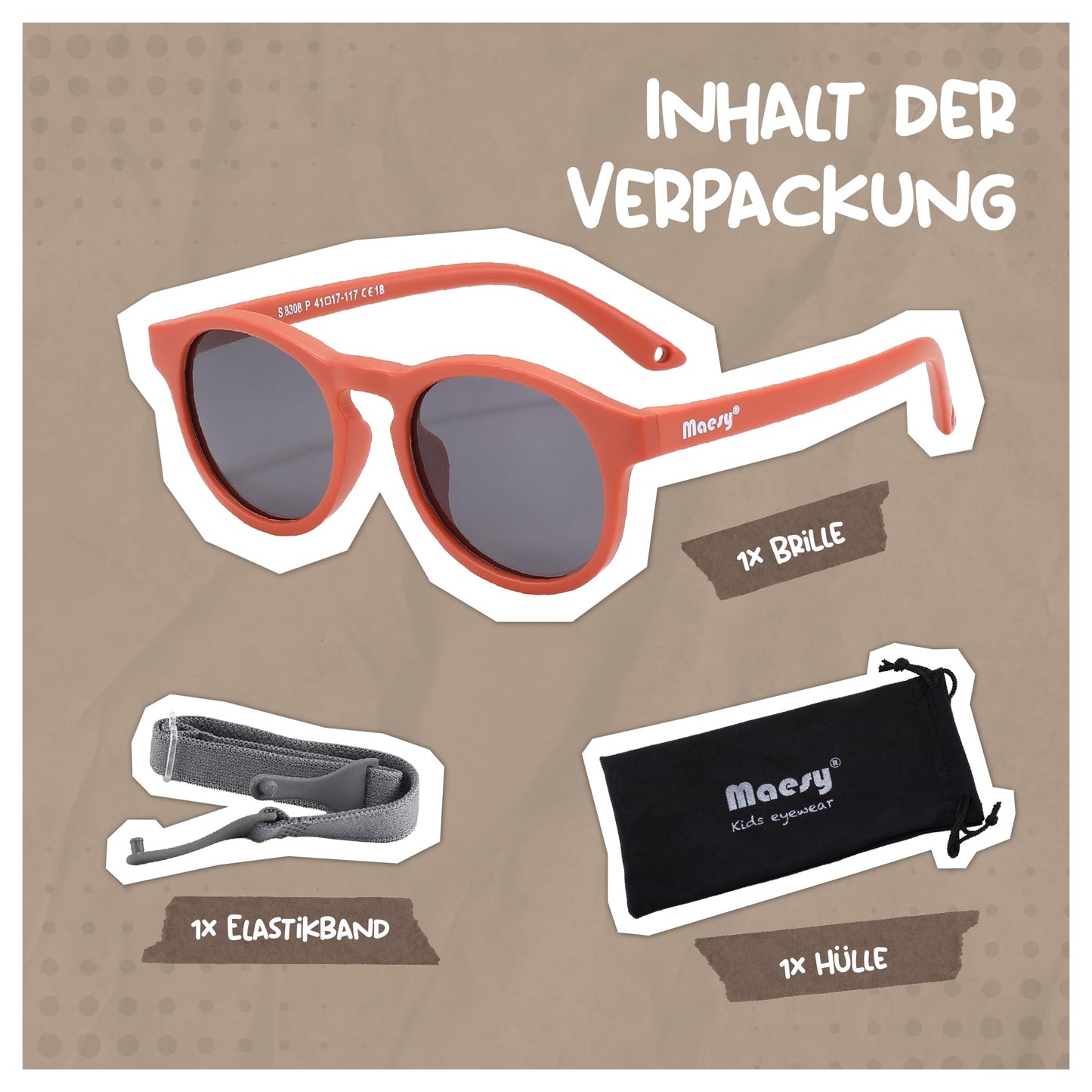 Maesy Kinder Sonnenbrille für Kleinkind und Baby - 1-3 Jahre - UV400 Polarisierter Schutz - Flexibler und Biegsamer Rahmen - Verstellbares Gummiband - Sichere und Bequeme Kindersonnenbrille - Bowi