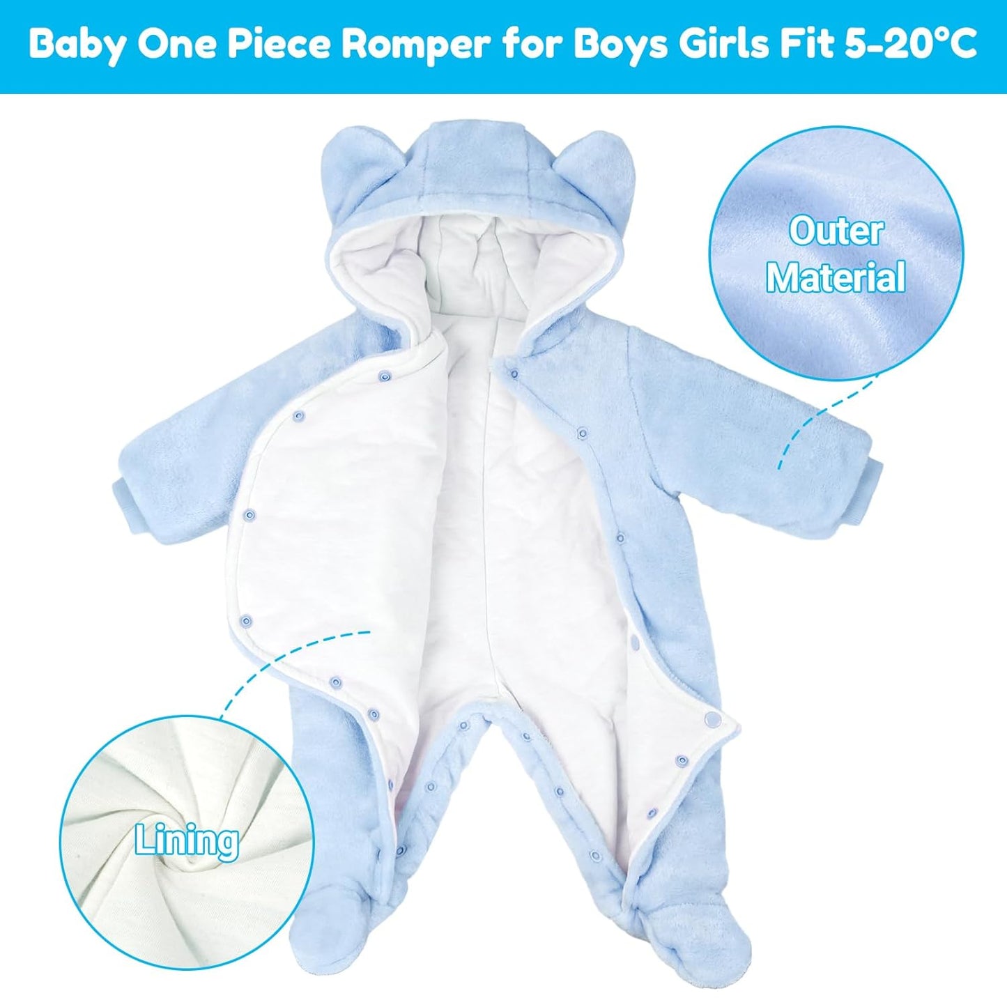 JiAmy Baby-Overall Baby-Strampler Flanell Winter-Strampelanzug mit Füßchen Kapuze Cartoon,Khaki 6-9 Monate