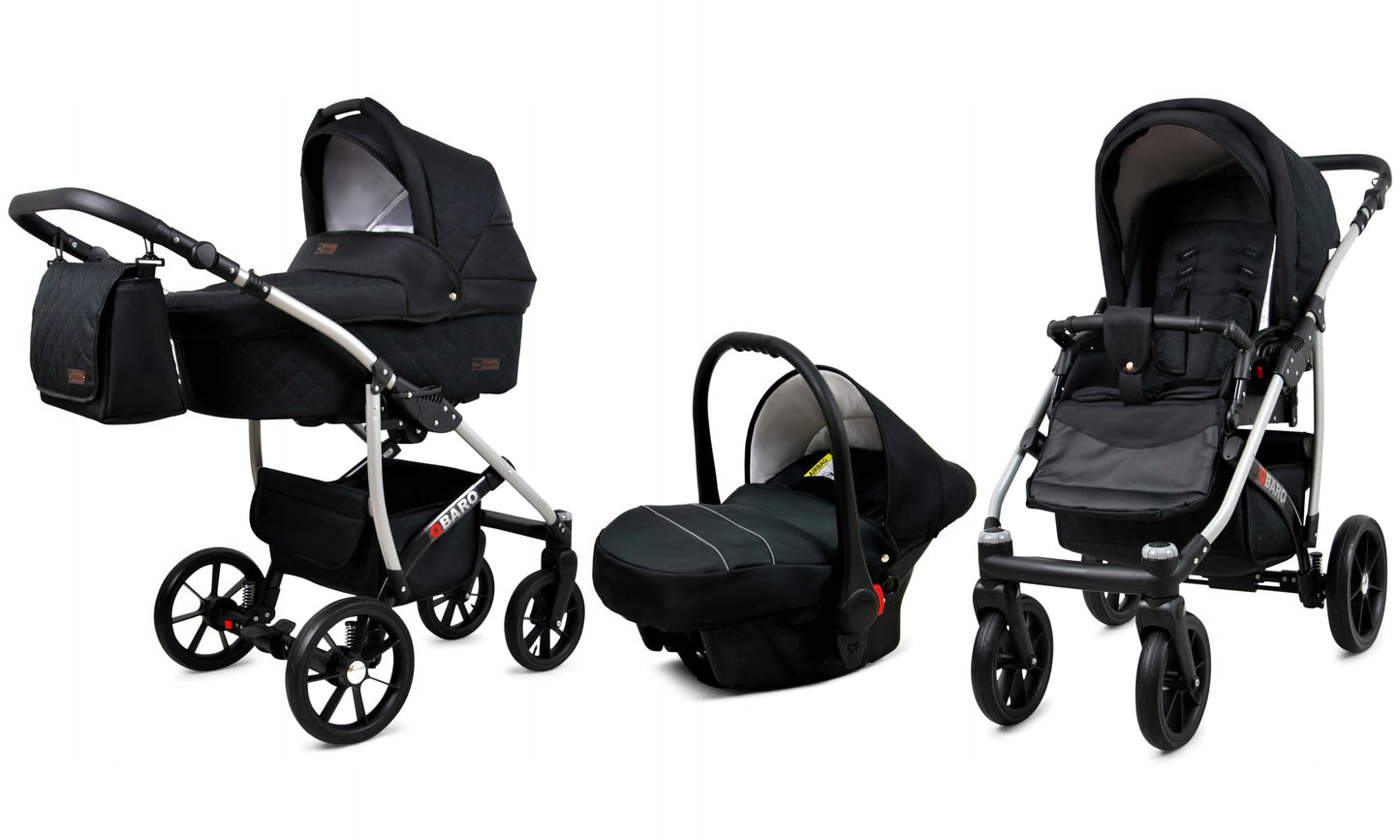 BabyLux® Bambimo Qbaro 3-in-1 Pushchair Set Including Baby Carrycot, Buggy Sports Seat, Car Seat - Car Seat - Pram Set - Combination Pram with Changing Bag, Rain Cover etc.