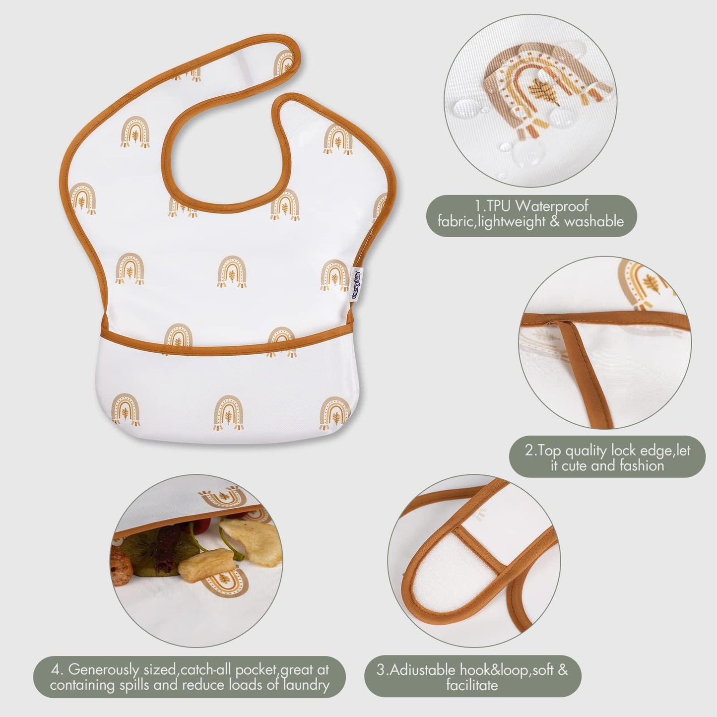 Soarwg Kids Baby Bib Set 5 pcs. Toddler Feeding Bibs with Catch Tray, Velcro Fastener Super Light Waterproof Washable Dirt-resistant