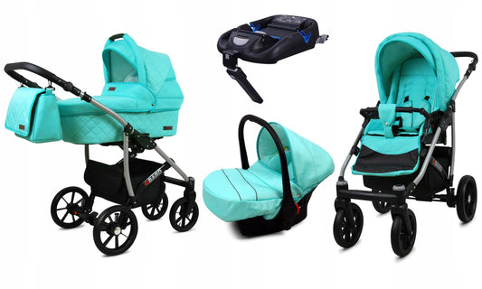 BabyLux® Bambimo Qbaro 3-in-1 Pushchair Set Including Baby Carrycot, Buggy Sports Seat, Car Seat - Car Seat - Pram Set - Combination Pram with Changing Bag, Rain Cover etc.