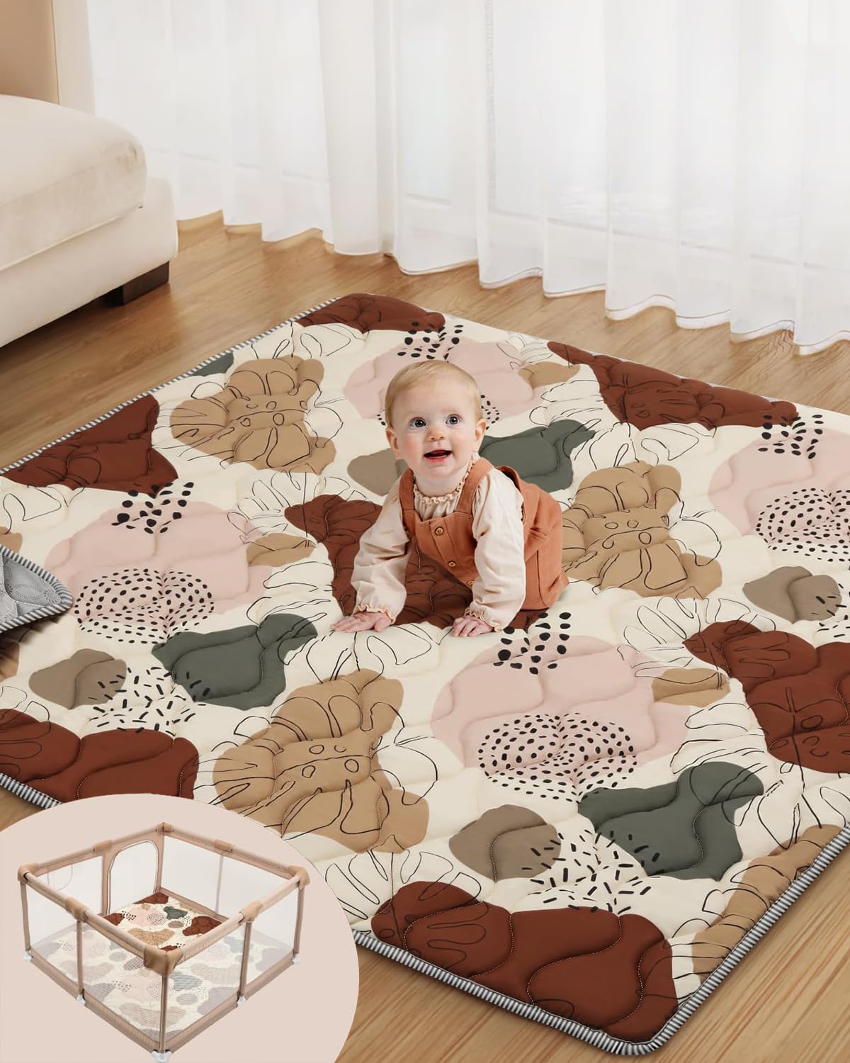 Lambluefly Krabbelmatte Baby Faltbar, Verdickte Krabbeldecke für Baby 127x127cm, Anti Rutsch Matte, Maschinenwaschbare, Spielmatte Baby Faltbar, Baby Play Mat für Laufgitter, Design im Bohème-Stil - Meloni2