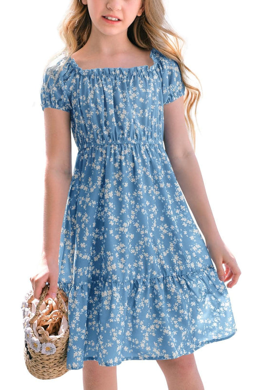 Haloumoning Mädchen Kleider Eckiger Ausschnitt Blumenkleid Kleider Sommer Puffärmel A-Linie Midikleid Kinder Partykleid