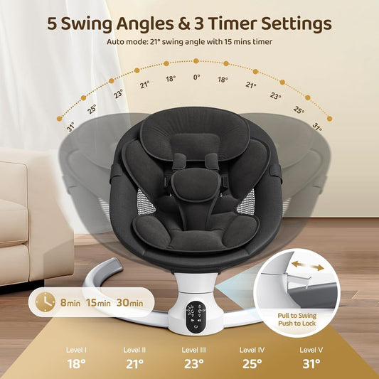 Ixdregan Electric Baby Rocker - App & Remote Control Baby Swing Electric with 3 Timers, 5 Swing Speeds, 10 Music, Bluetooth Connection, Soft Padded Baby Rocker (App Black)