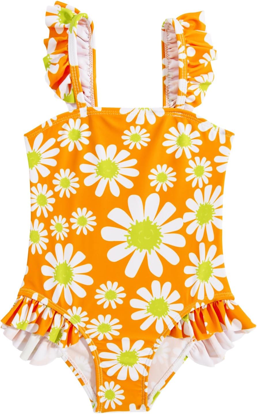 JiAmy Einteiliger Mädchen Badeanzug Blumenmuster Rüschen Elastischen Trägern Ärmellos Kleinkinder Schwimmkleidung für 2–7 Jahre/92-122