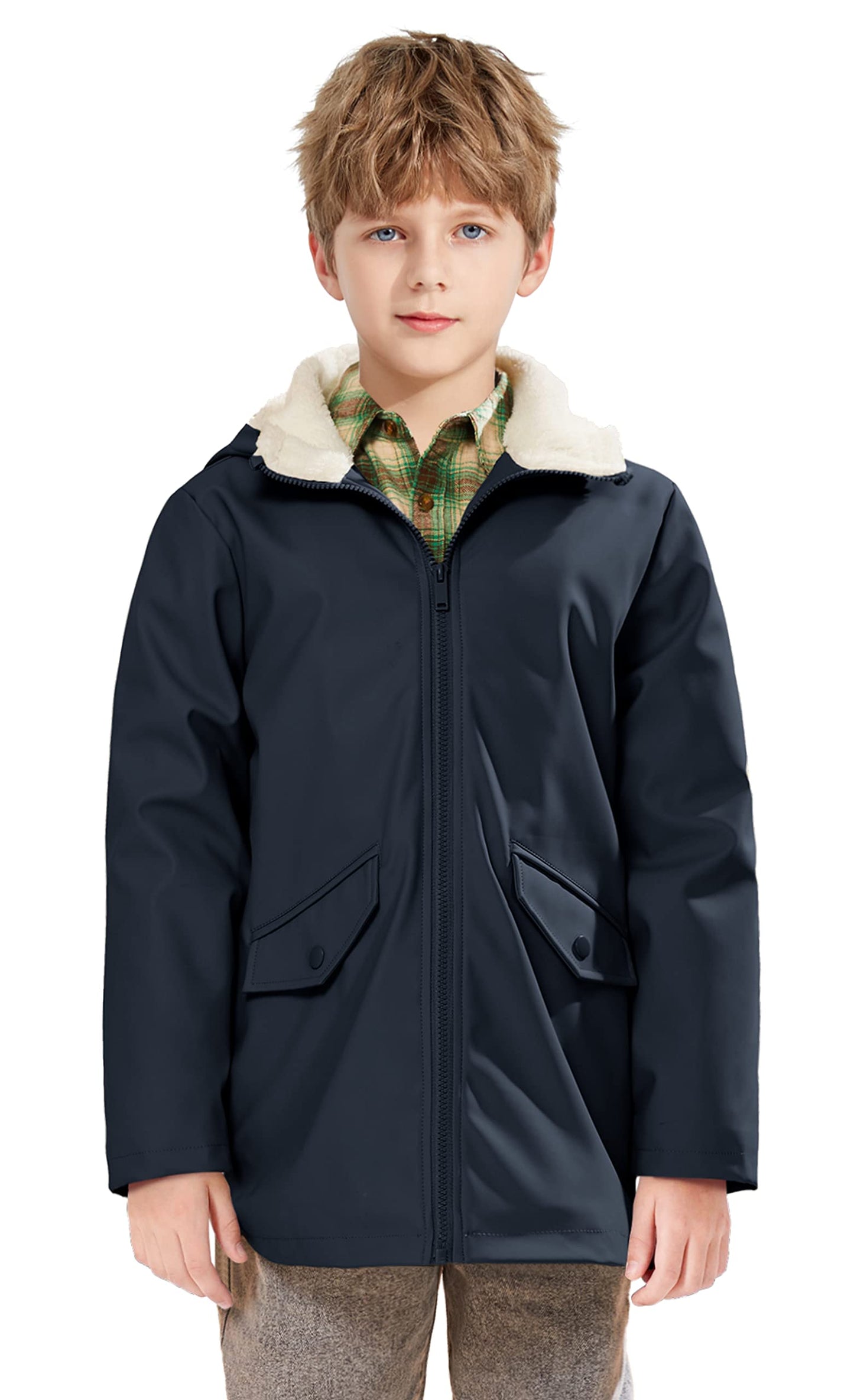 SOLOCOTE Kinder Regenjacke mit Kapuze gefüttert Gummi Regenmäntel für Mädchen Jungen Wasserdicht Winddicht Größe