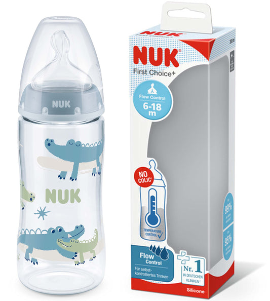 NUK First Choice+ Babyflasche | 6-18 Monate | Temperaturkontrolle | Fließkontrolle | Anti-Colic Belüftungssystem | 360 ml | BPA-frei | Silikonsauger | Krokodil (blau)