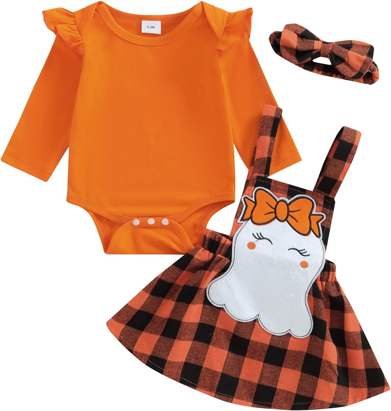ESSECMBS Infant Baby Girl Halloween Romper Skirt 3 Pieces Clothing Set Long Sleeve Ruffle Shoulder Body Braces Pumpkin Ghost Skirt Headband Girls All Saints Clothing