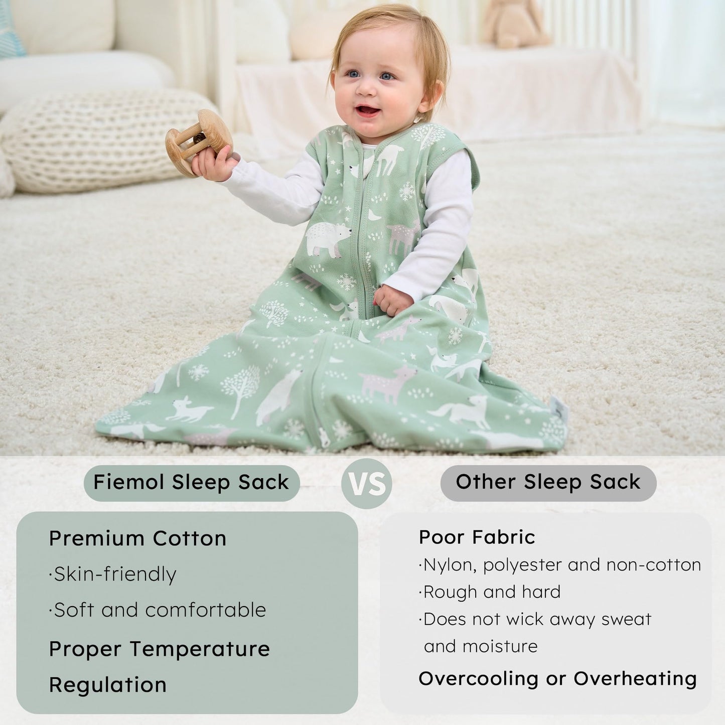 FIEMOL Baby Sleeping Bag 2.5 Tog 0-6 Months, Winter Cotton Newborn Baby Sleeping Bag, Wearable Blanket for Infants and Toddlers, 2-Way Zip Sleeping Bag, 67 cm, Rainbow