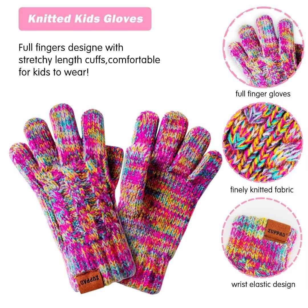 ZUPPAD Mütze und Schal Kinder Set, Kinder Beanie Mütze Winter mit Bommel Strick Halswärmer Halstuch Schlauchschal Warme Handschuhe Fleece Gefüttertes Geschenk Set für Mädchen Kinder