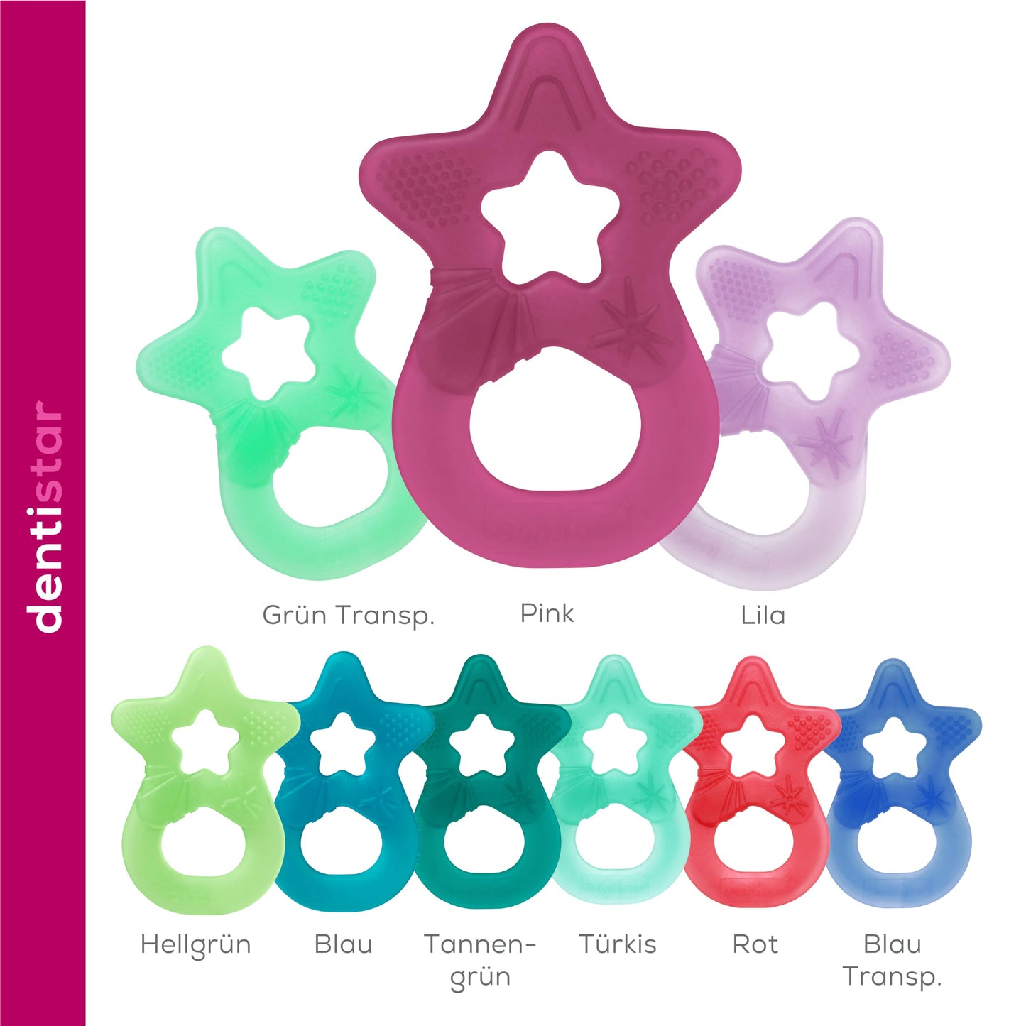Dentistar Beißring 2er-Set – Teether für Babys & Kleinkinder ab 3 Monate – Baby Beißring mit Griff aus weichem Material zur Zahnungshilfe & Massage – Made in Germany – Pink & Lila