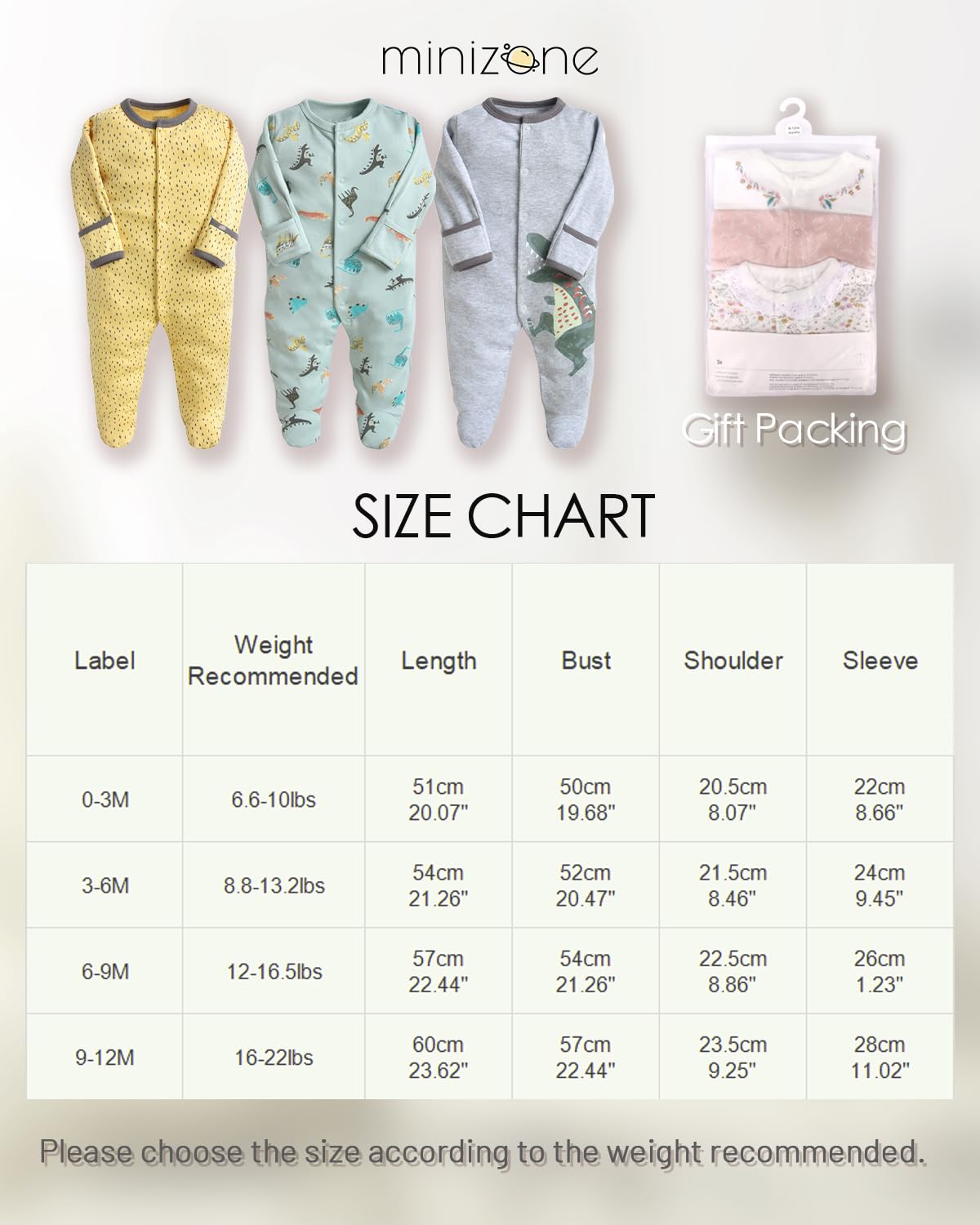 Minizone Baby Schlafstrampler 3er Pack, Pyjamas Langarm Strampler Jungen Mädchen Geschenk 9-12 Monate