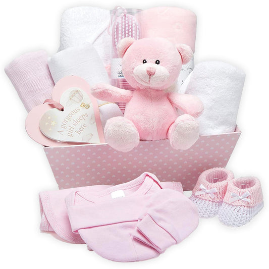 Baby Gift Set and Memory Box - Pink, Hand-wrapped Gift for the Birth of a Girl - with Teddy Bear, Baby Shoes, Romper, Bib, Hat, Blanket, Hooded Towel, Hanging Tag