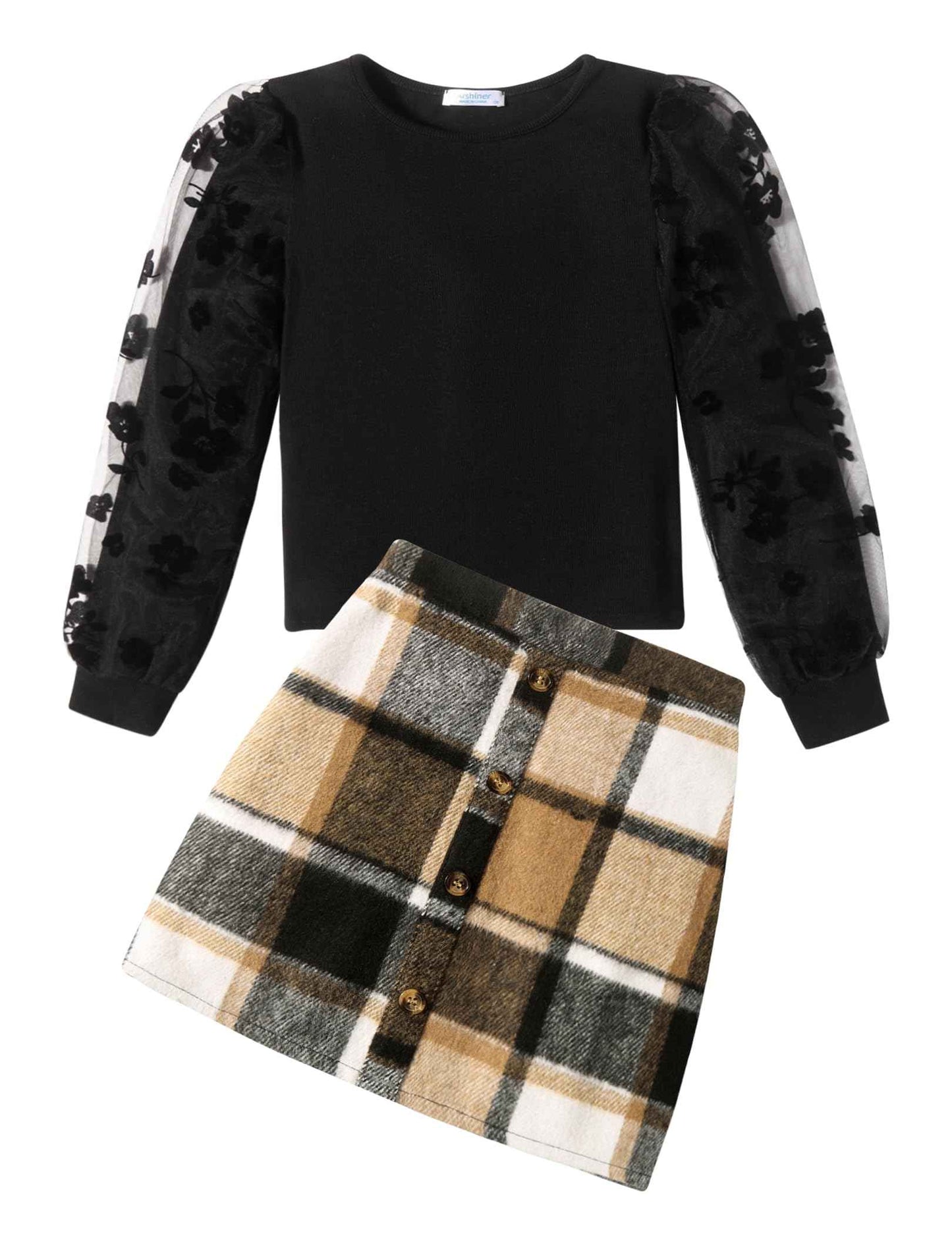 Arshiner Girls' Clothing Sets Elegant Long Sleeve Shirt with Skirt Set Children's Autumn Winter Outfit Checked Leisure Fashion Two Piece Clothing Sets for Girls 5-13 Years