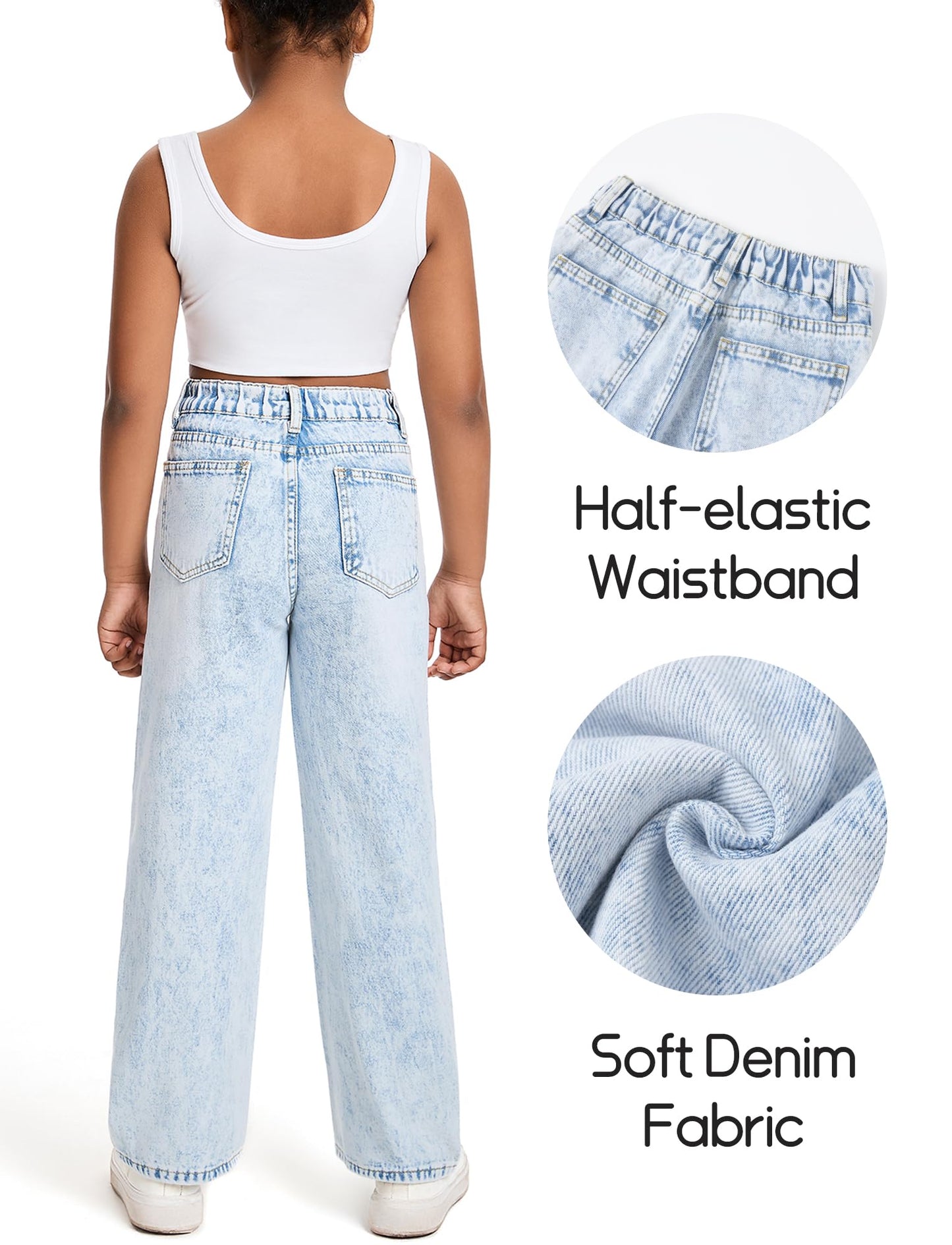 Happy Cherry Mädchen Jean Hosen Loch Wash Denim Blau Hose Kinder Elastische Taille Vintage Jeans Weites Bein Jeanshosen 130-160