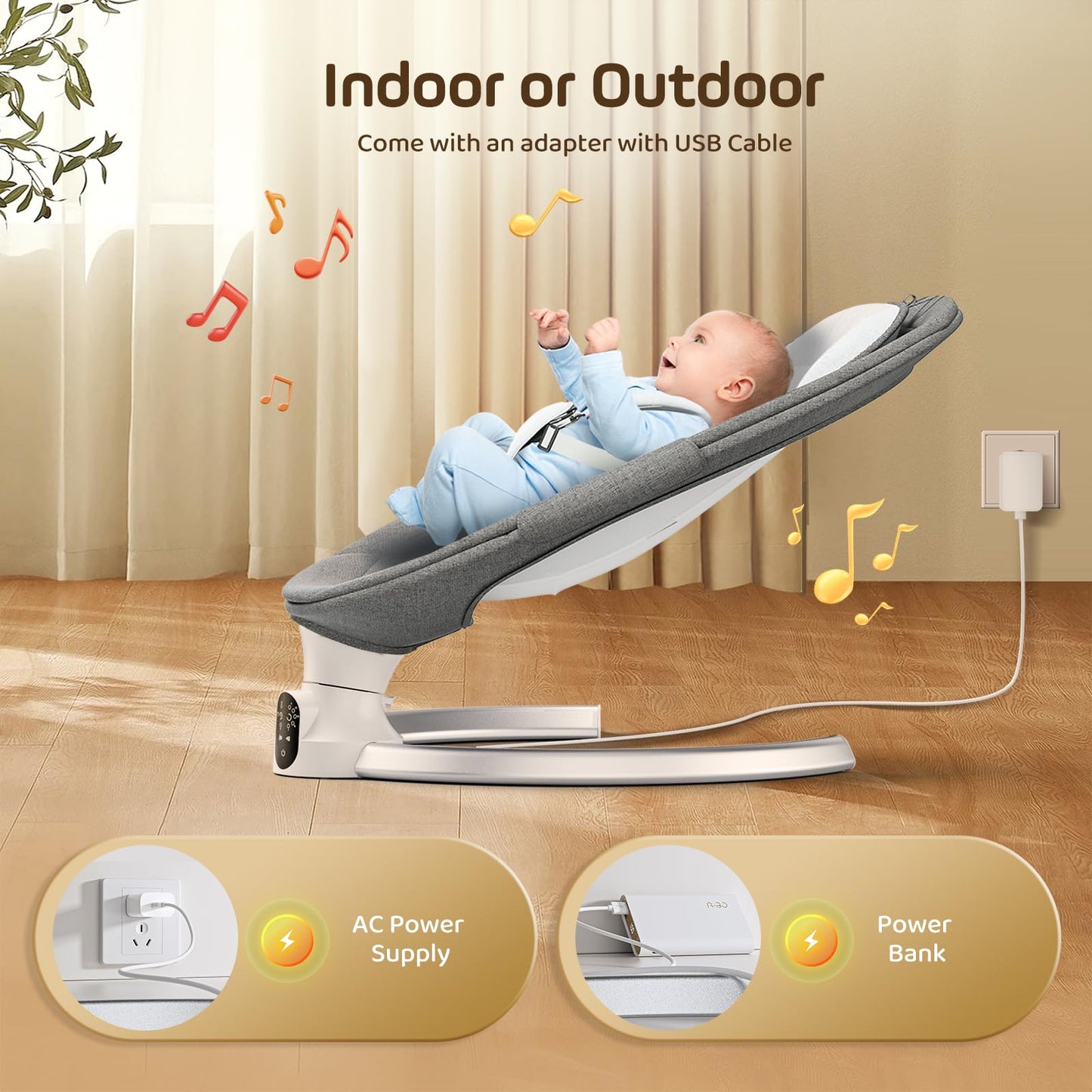 Hlieeosfcn Babywippe für Kinder,Babywippe Elektrisch mit 5 Natürlichen Schaukelgeschwindigkeiten,Elektrische Babyschaukel mit Musik, Nutzbar ab der Geburt bis ca. 6 Monaten,Fernbedienung,Grau