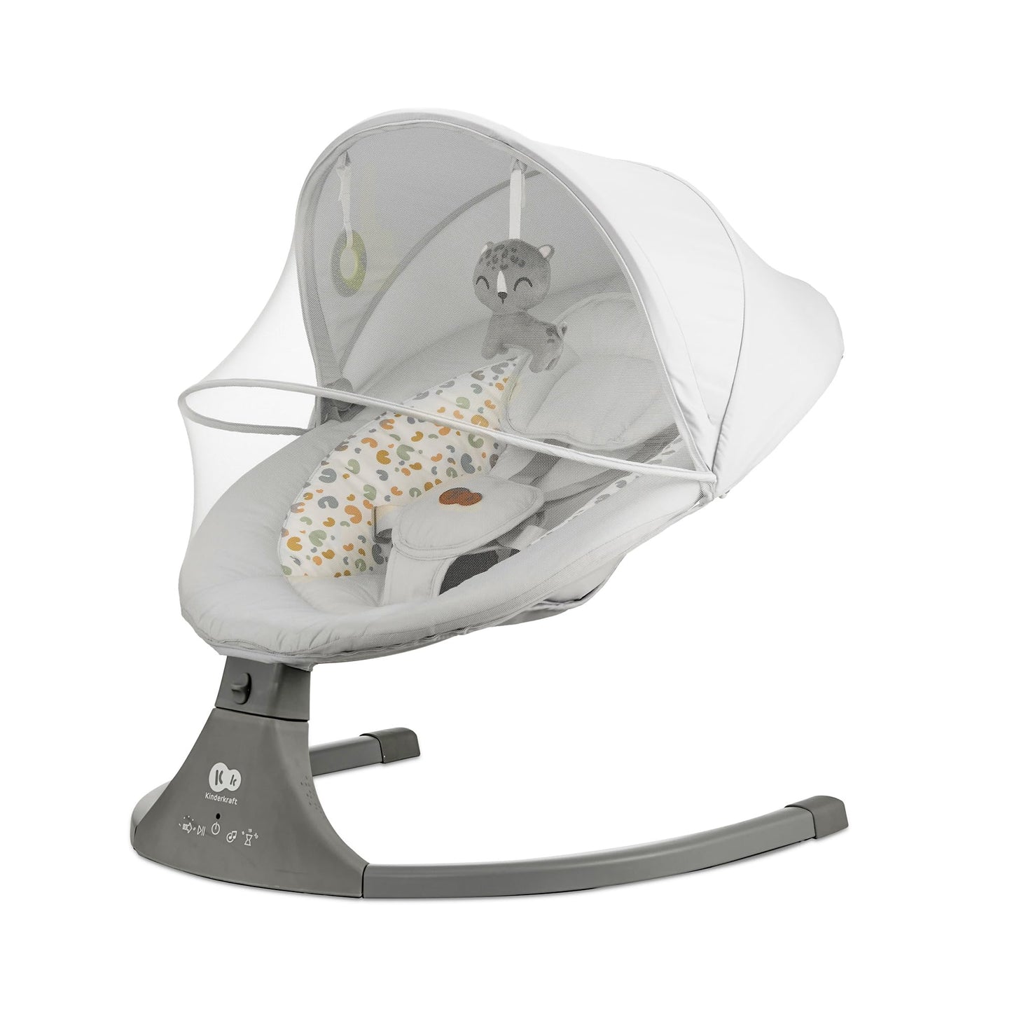 Kinderkraft LUMI 2 Babywippe, Elektrische Babyschaukel, Von der Geburt bis 9 Monate, Höhenverstellbar, 5 Schaukelmodi, 12 Melodien, Bogen mit Spielzeug, Dunkelgrau