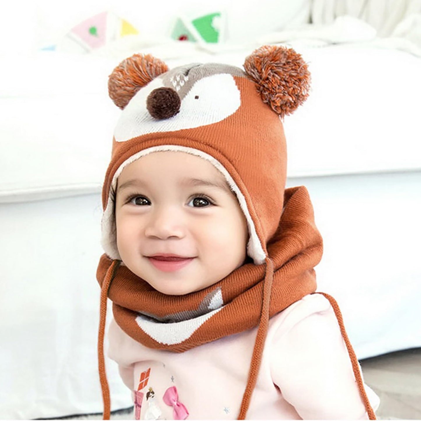 DORRISO Unisex-Baby Jungen Mädchen Mütze Schal Handschuh Set Niedlich Frühling Winter Herbst Beanie Strickmütze Warm Niedlich Klein Fuchs Wintermütze 1-6 Jahre alt