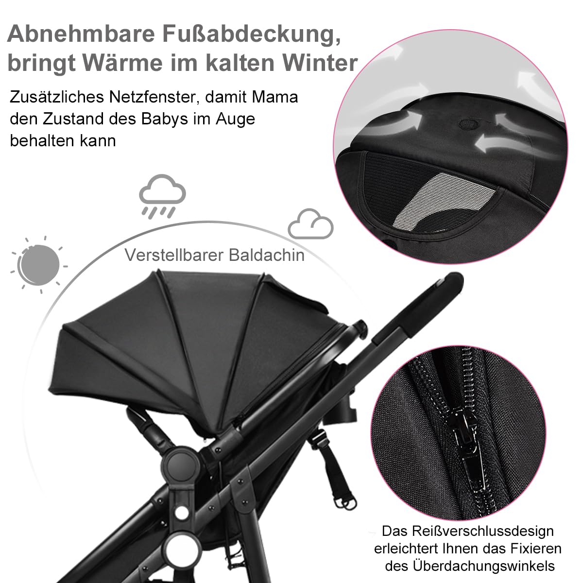 DREAMADE Kinderwagen klappbar, 3 in 1 Buggy mit umkehrbarem Sitz, Verdeck, Aufbewahrungskorb, Becherhalter & 5-Punkt-Sicherheitsgurt, Reisebuggy für Baby 0-6 Monate (Schwarz)