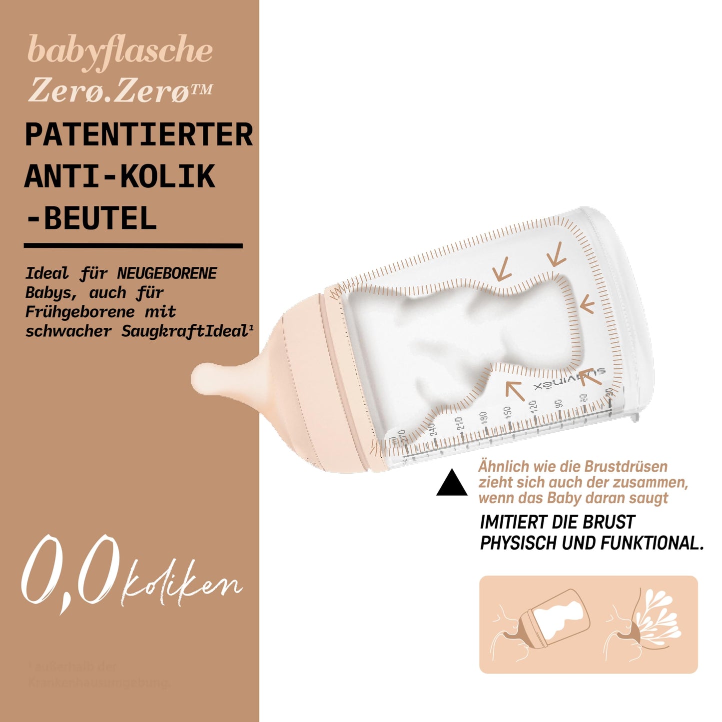 Suavinex, Anti-Colic Babyflasche Zero Zero,mit mittlerem Silikonsauger (M), für Babys ab 3 Monaten, Empfohlen für gestillte Babys und Flaschennahrung, 270 ml, Deep - Meloni2