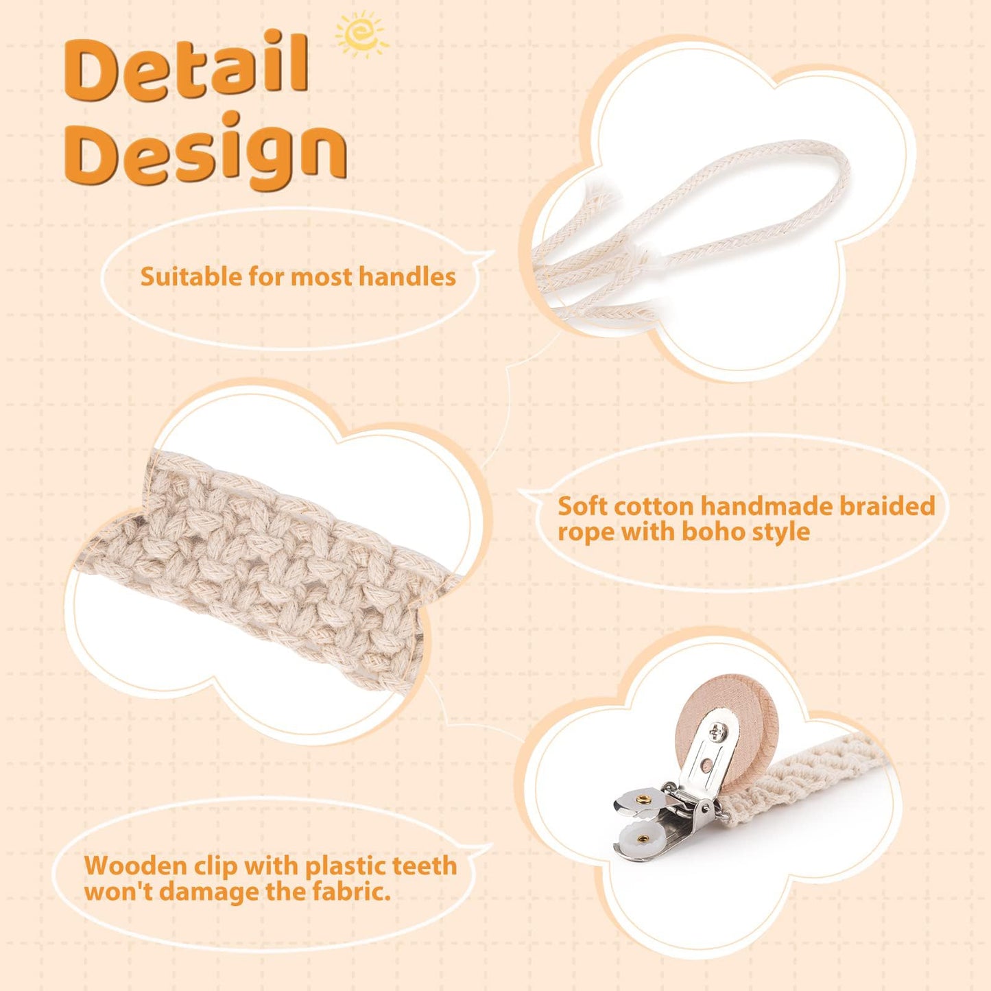 IOSPKKIO® 3 Stück Schnullerclip für Jungen und Mädchen, Schnullerhalter, mit Holzklammern, Handgefertigt, Geflochtene Baumwolle, Babyparty, Geburtstagsgeschenk(Beige)