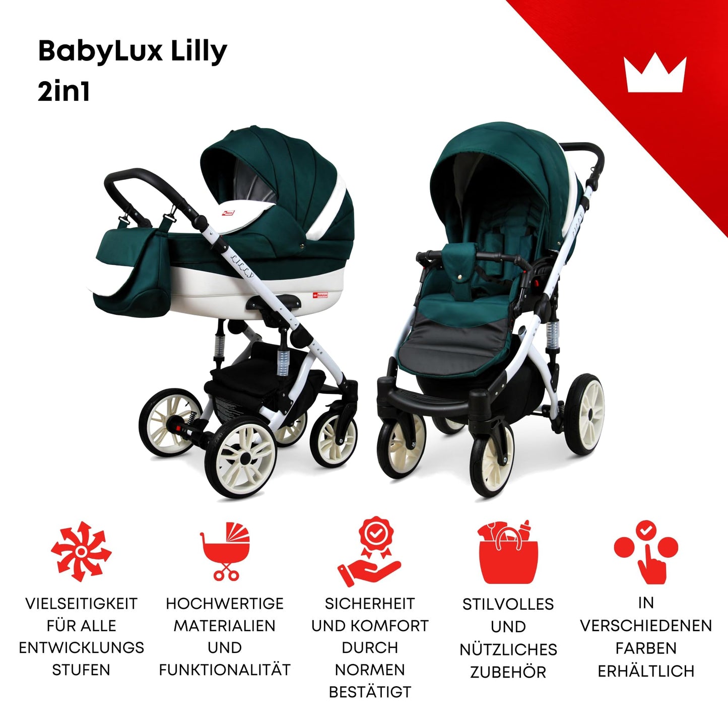BabyLux® Bambimo Kinderwagen Set 3 in 1 - Lilly - incl. Babywanne, Buggy Sportsitz, Auto-Babyschale - Autositz - Kinderwagenset - Kombikinderwagen mit Wickeltasche, Regenschutz usw.