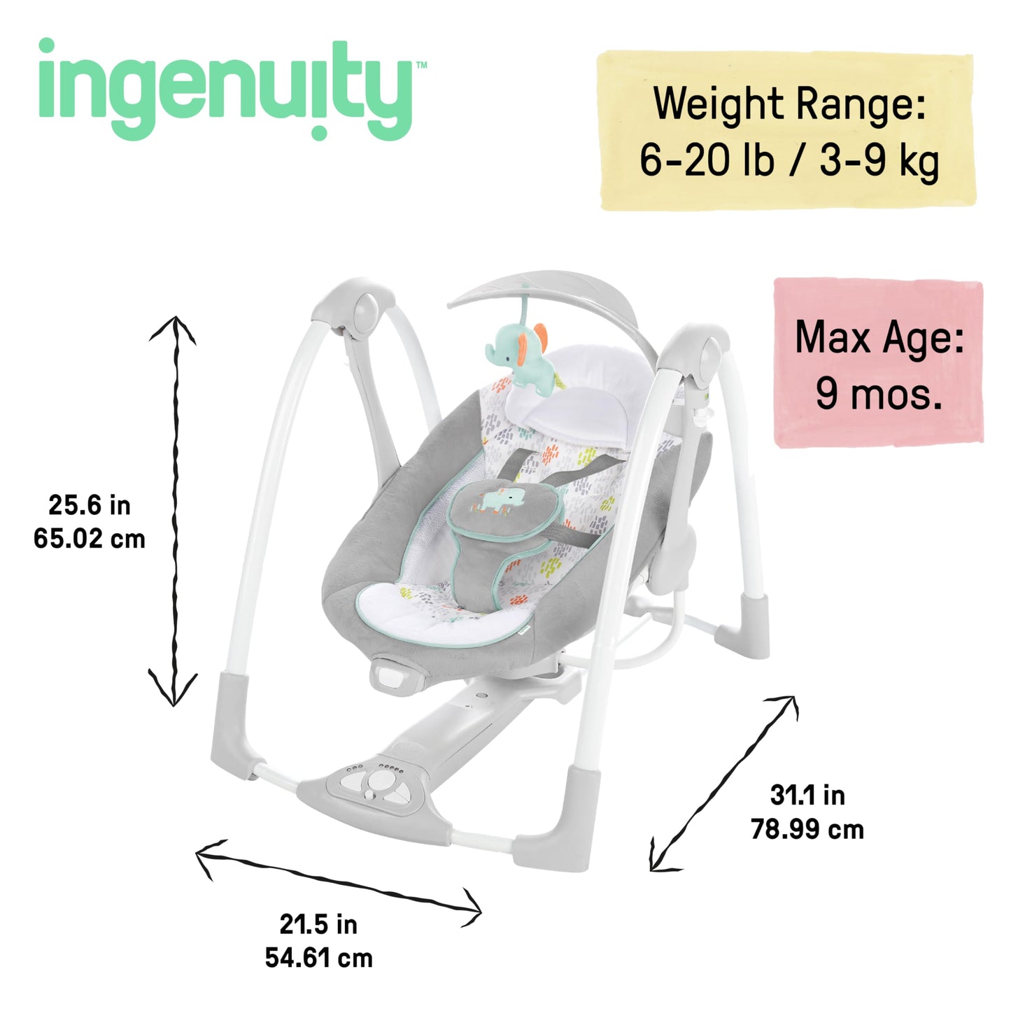 Ingenuity Hugs & Hoots zusammenklappbare & tragbare Babyschaukel, 5 Schaukelgeschwindigkeiten, 8 Melodien, 3 Naturgeräusche, Lautstärkeregulierung und Spielzeugbügel, ab der Geburt bis 9kg