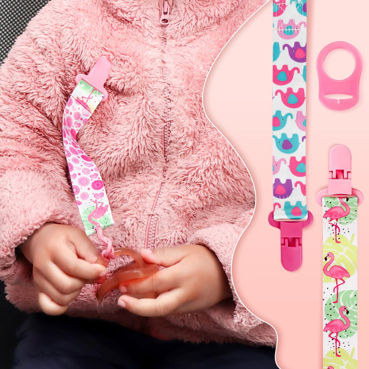 Suofuolef 4 Pack Schnullerkette Baby Mädchen, Baby Schnullerband Set mit Adaptern, Schnuller Clips für Neugeborenen Geburt & Taufe Geschenk, Rose