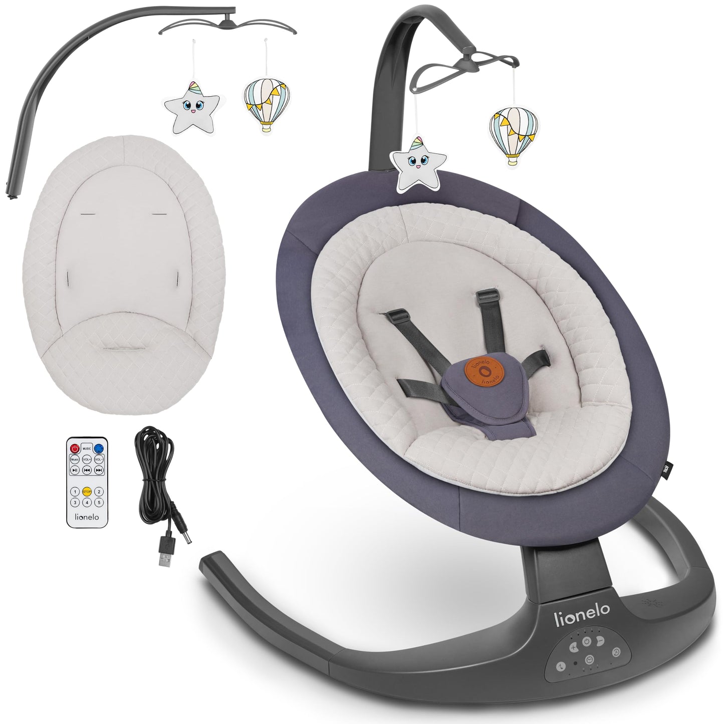LIONELO Ralf 2-in-1 baby bouncer and recliner, remote control, 12 melodies, two rocking directions, 5 rocking speeds, locking, backrest adjustment, timer, quiet operation