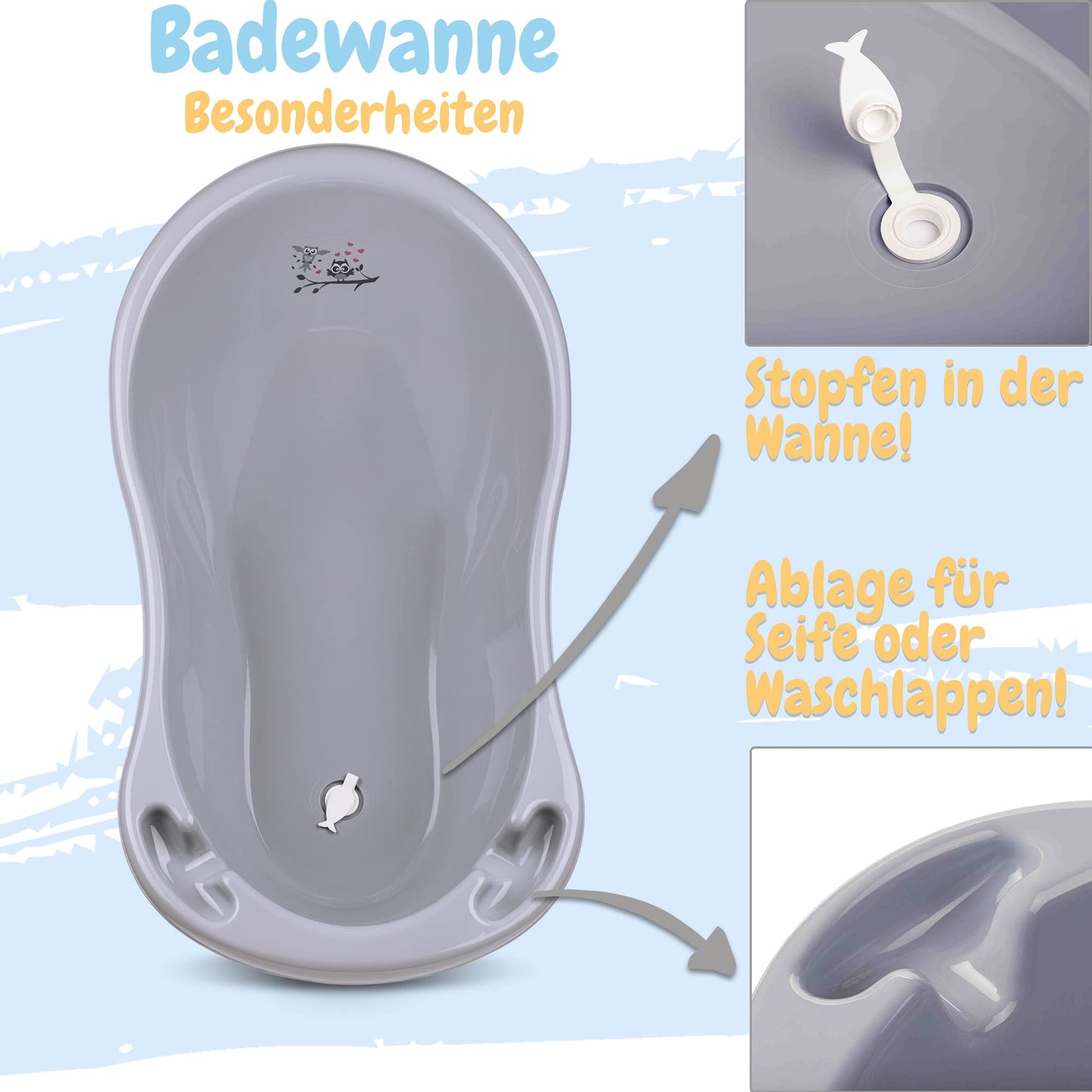 Baby Badewanne mit Gestell 4 Set TÜV Rheinland zertifiziert! Babybadewannen + Baby Badewannensitz +Abfluss + Gestell - Babywanne mit Ständer! Baby Pflegeset für Neugeborene.