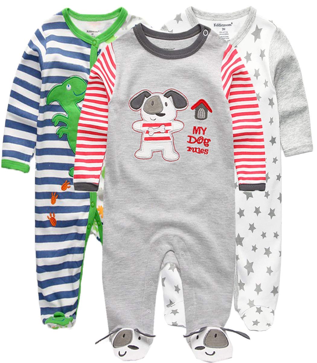 Kiddiezoom Unisex Baby Boys Girls Sleepsuit Pajamas Cotton Overalls Rompers, 3 Pack