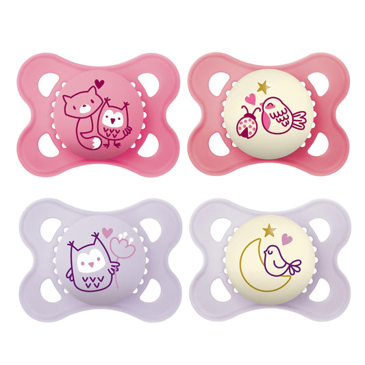 MAM Original Schnuller im 2er-Set, zahnfreundlicher Baby Schnuller aus nachhaltigen & bio-erneuerbaren Materialien, Sauger aus MAM SkinSoft Silikon, mit Schnullerbox, 0-6 Monate, Fuchs/Eule - Meloni2