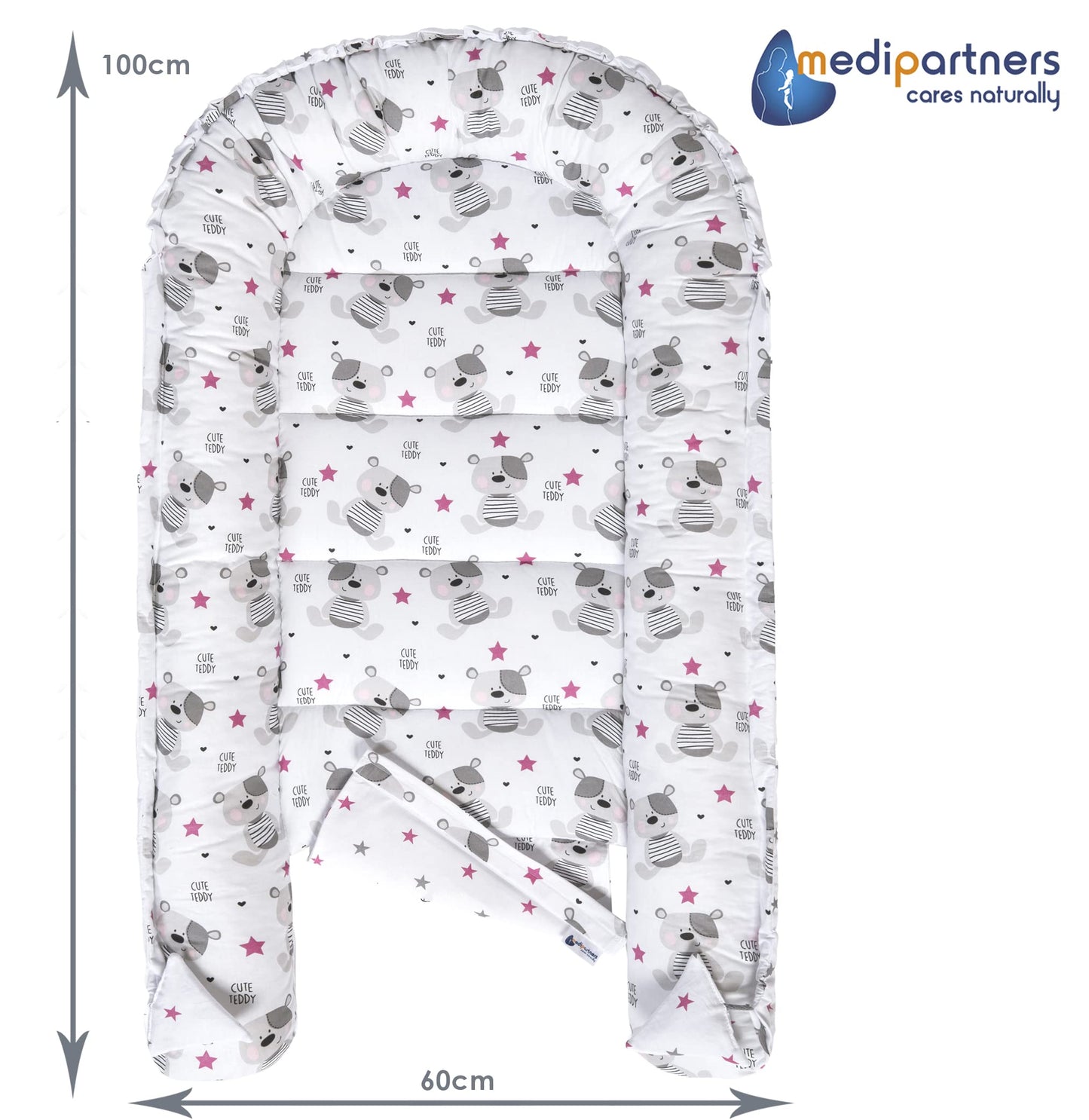 Medi Partners Babynestchen Babynest Set 100x60x15 Kuschelnest 5 teilig herausnehmbarer Einsatz Kokon Nestchen Babys Neugeborene 100% Baumwolle (REH mit Grauem Minky)