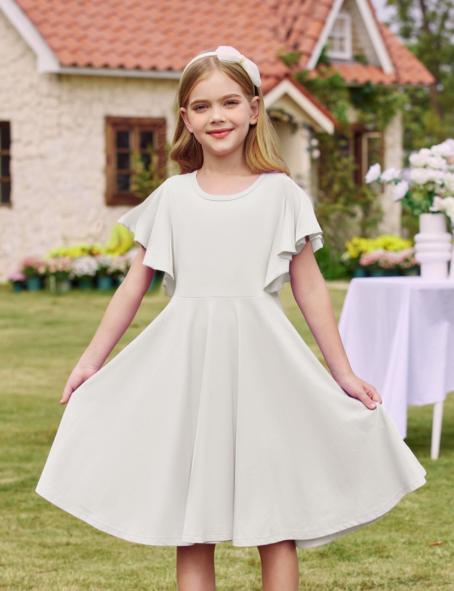 Arshiner Kleider für Mädchen Schmetterlingsärmel Kleid Kinder A-Line Swing Kleid Rundhals Sommerkleid Baumwollekleid Festlich Partykleid Hochzeit Lässige Kinderkleidung mit Tasche