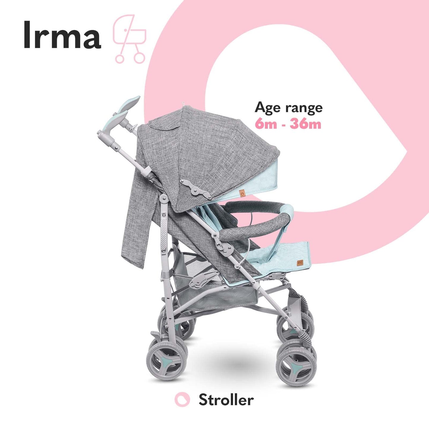 Lionelo Irma Pushchair up to 15 kg, Lightweight Modern Pushchair with Reclining Function, Foldable, Large 6 Inch Wheels, Large Basket, Bag, Mosquito Net