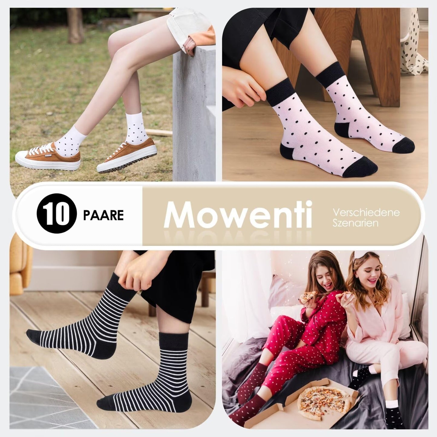 Mowenti Socken Mädchen 35-38 sportsocken strümpfe socks Mädchensocken bunte schwarz Streifen Punkte baumwollsocken 10 Paar