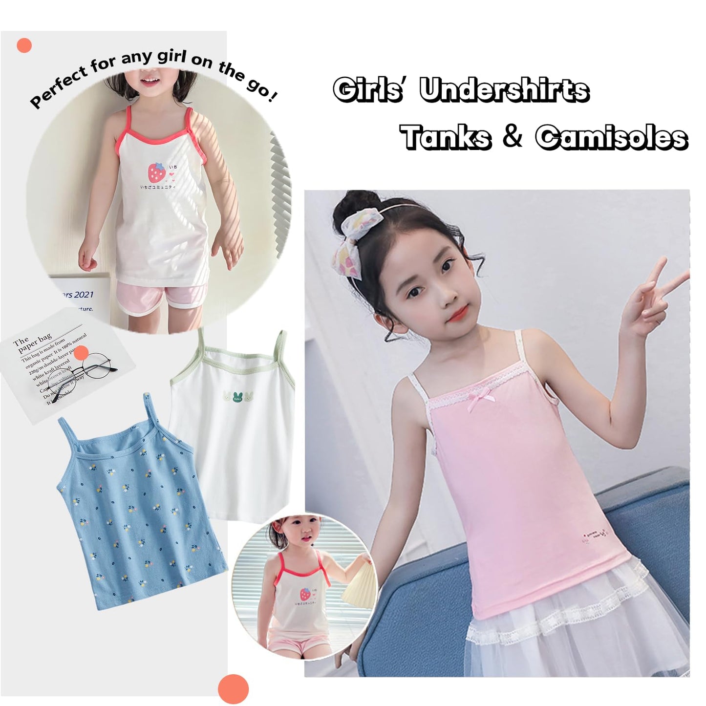 Tolmaiertu 2-10 Years Girls Cotton Vests Tank Top Camisole Soft Tagless Cami Kids Undershirts 5 Pack