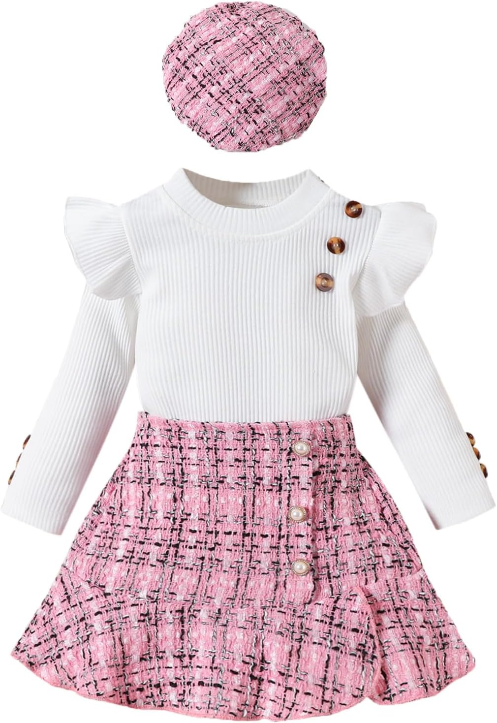 UUAISSO Kleinkind Baby Mädchen Kleidung Langarm Gerippte Oberteile Plaid Tweed Muster Rock Baskenmütze Herbst Knopf Outfits Sets
