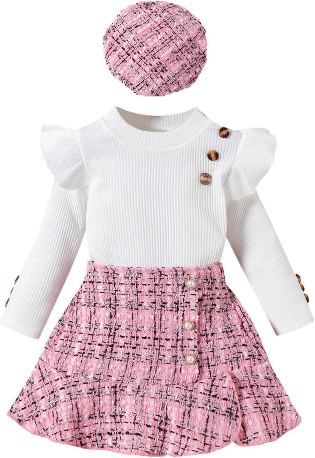 UUAISSO Kleinkind Baby Mädchen Kleidung Langarm Gerippte Oberteile Plaid Tweed Muster Rock Baskenmütze Herbst Knopf Outfits Sets