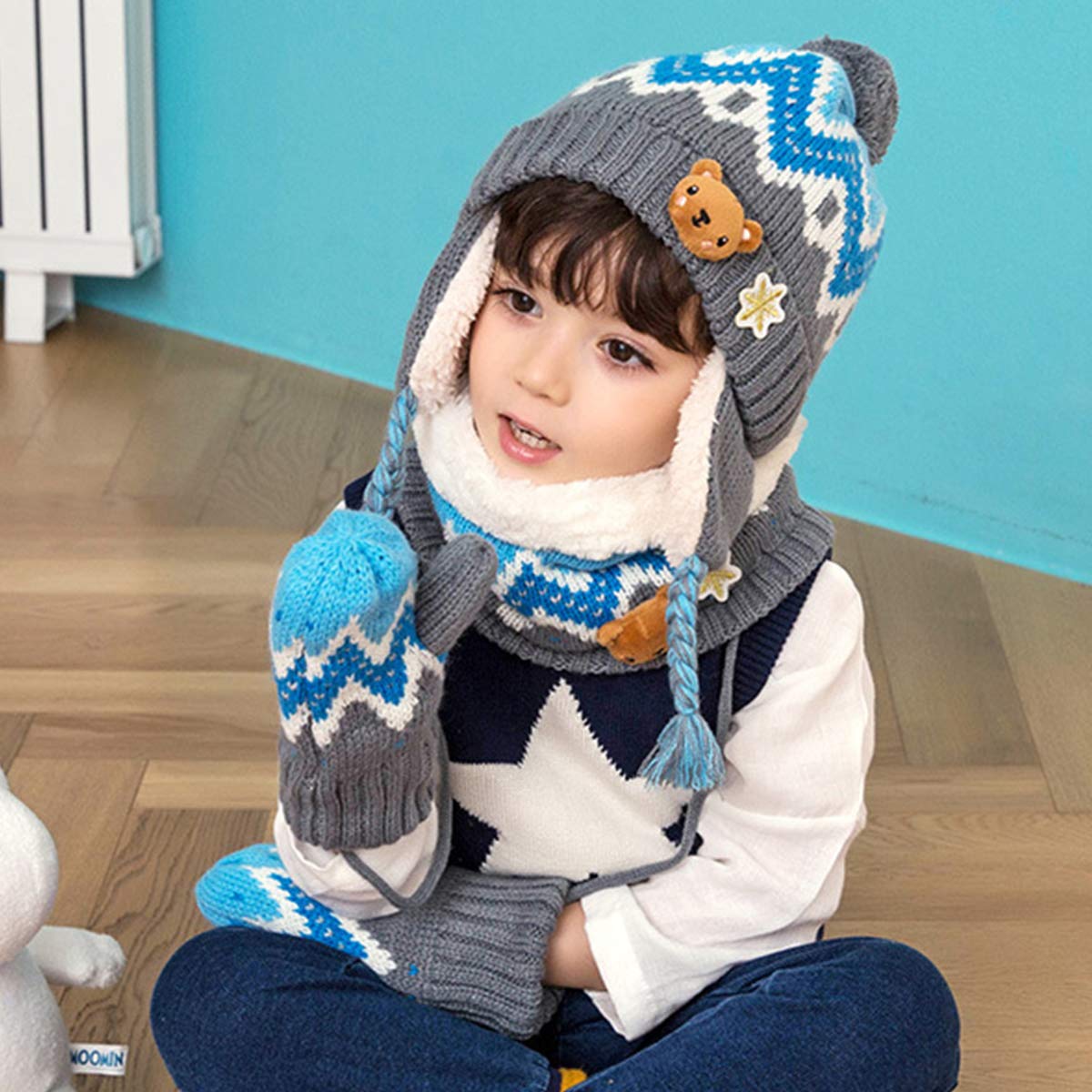 DORRISO Unisex-Baby Jungen Mädchen Mütze Schal Handschuh Set Niedlich Frühling Winter Herbst Beanie Strickmütze Warm Niedlich Klein Fuchs Wintermütze 1-6 Jahre alt
