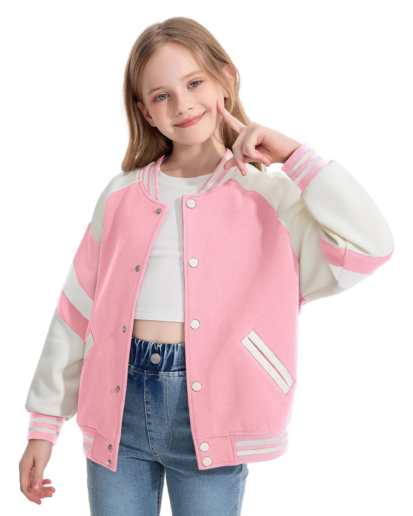 Rolanko Girls Baseball Jacket Boys Varsity Style Sweat Jacket with Pockets for School Bomber Coat for Children