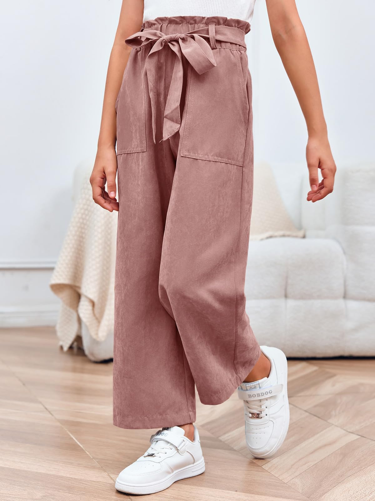 Haloumoning Mädchen Weite Hose Palazzo Hohe Taille Mode Bootcut Elastische Paperbag Freizeithose mit Gürtel