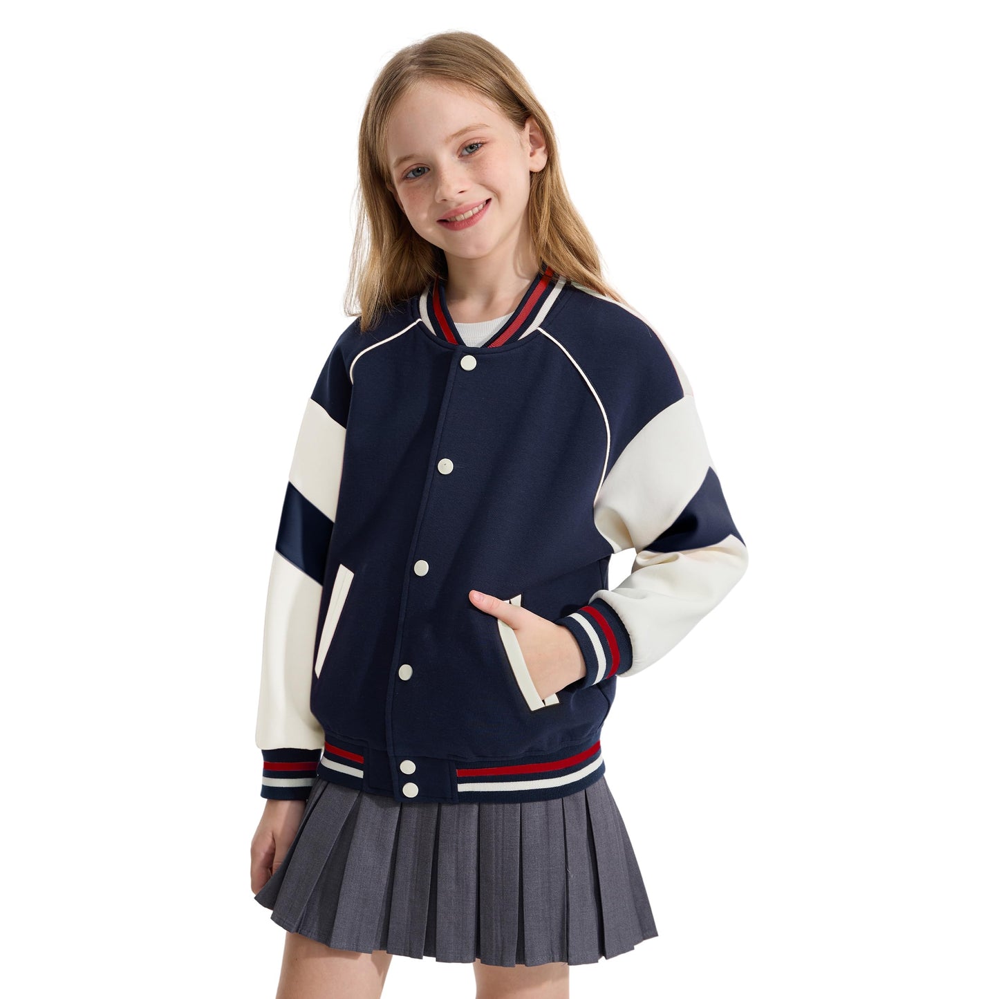 Rolanko Girls Baseball Jacket Boys Varsity Style Sweat Jacket with Pockets for School Bomber Coat for Children