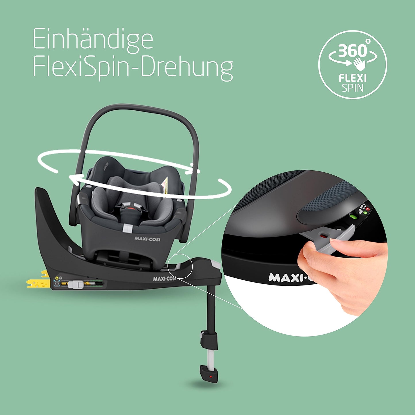 Maxi-Cosi Pebble 360 i-Size Babyschale Drehbar, Neugeborenen Autositz 360 Grad, 0–15 Monate (40–83 cm), Drehung mit einer, ClimaFlow, Easy-In-Gurt, G-CELL Seitenaufprallschutz, Essential Green
