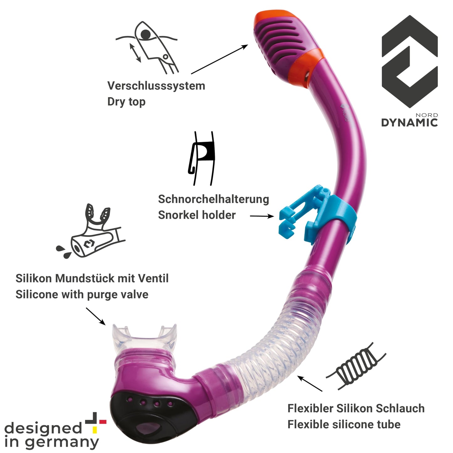 DYNAMICNORD - Kinder Schnorchelset – Designed in Germany – Profi Silikon 2er Set Tauchset Schnorchelset für Kinder (Taucherbrille, Trocken Schnorchel & Netztasche) mit Dry Schnorchel & Sicherheitsglas