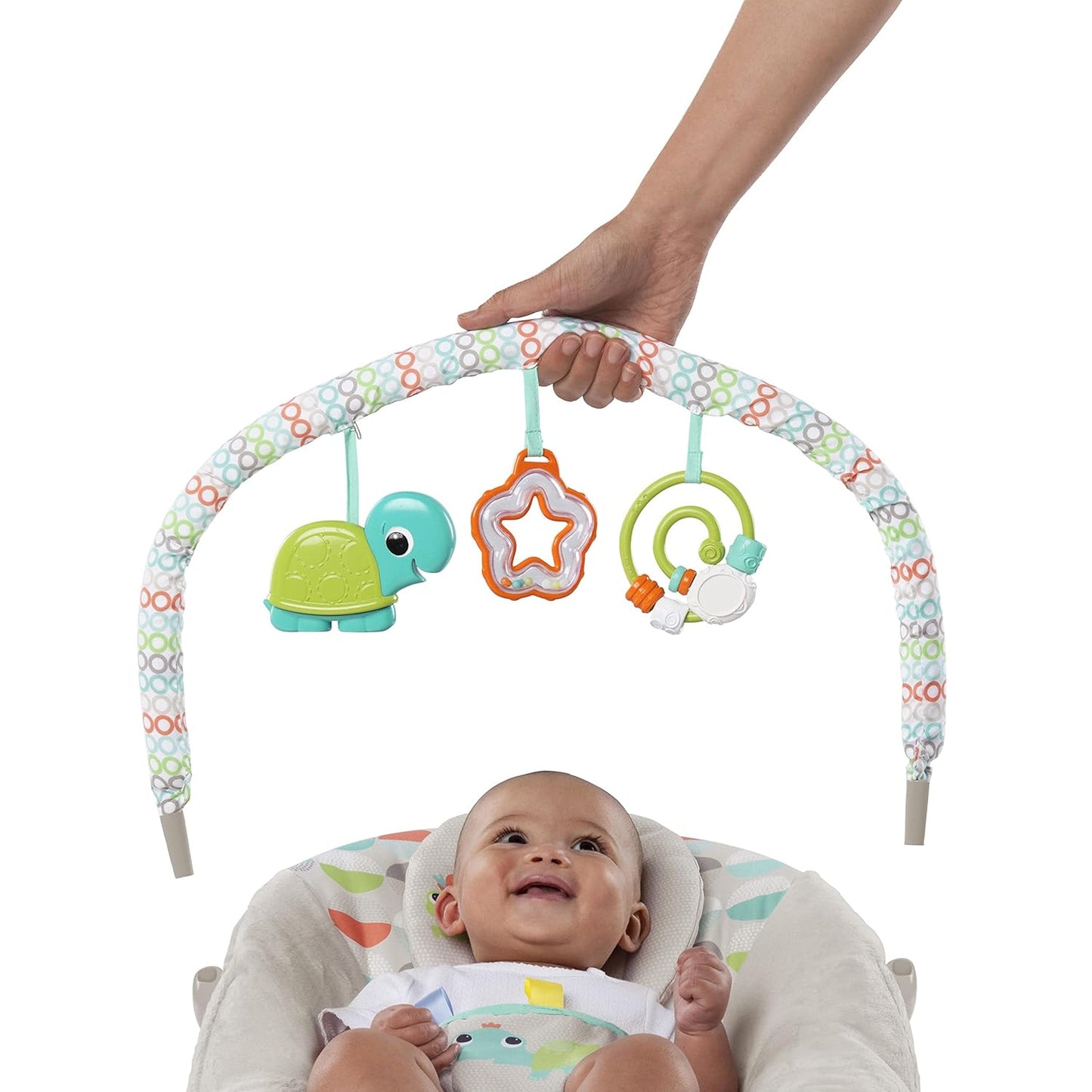 Bright Starts, Babywippe Babyschaukel Happy Safari mit beruhigenden Vibrationen & 7 Melodien, abnehmbarer Kopfstütze und Spielbogen mit 3 Spielzeugen, Lautstärkeregeler, ab der Geburt bis 9kg