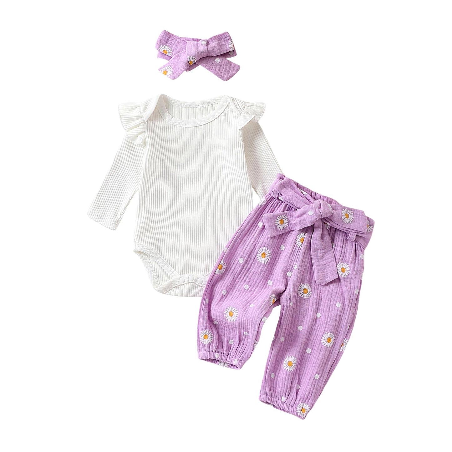 Geagodelia Baby Mädchen Kleidung Babykleidung Outfit Set Langarm Body Strampler + Gänseblümchen Hose + Stirnband Neugeborene Weiche Babyset