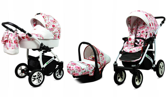 BabyLux® Bambimo Pushchair Set 3 in 1 - Tropical - incl. Baby Carrycot, Buggy Sports Seat, Car Seat - Pram Set - Combination Pram with Changing Bag, Rain Cover etc.