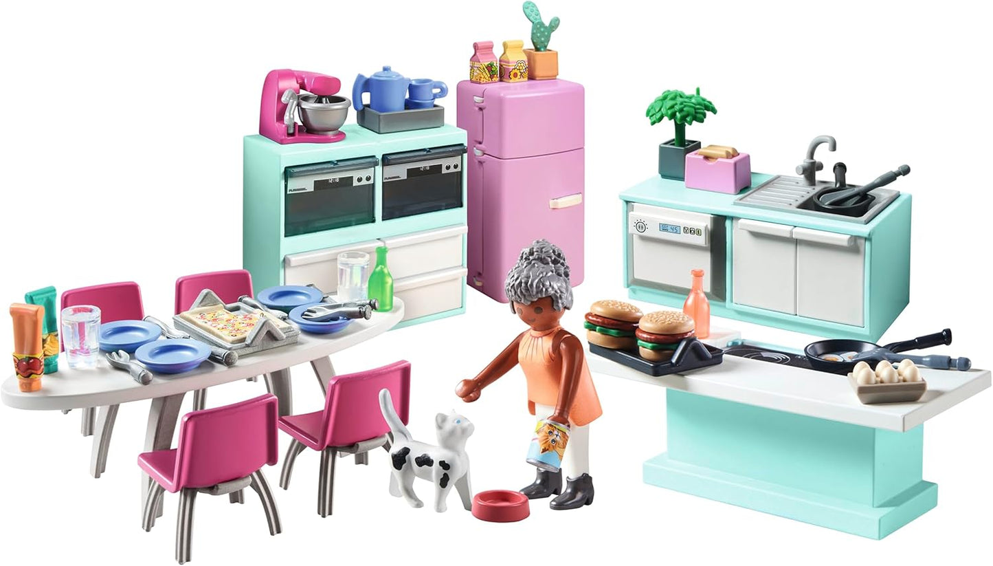 PLAYMOBIL MyLife 71608 Küche mit Essplatz, vollausgestattete Küche für detailgetreues Nachspielen, zu über 80 % aus recycelten und biobasierten Materialien, kreatives Spielzeug für Kinder ab 4 Jahren